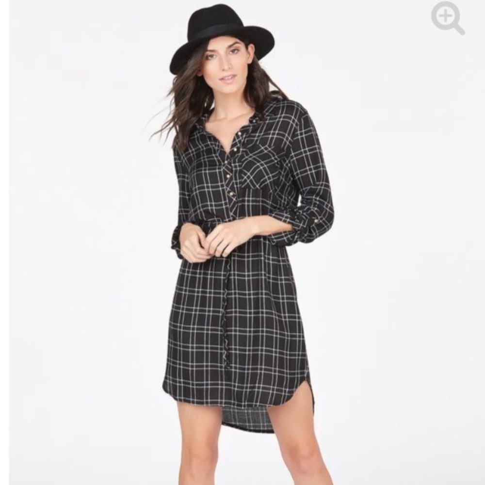 Black Plaid Drawstring Dress